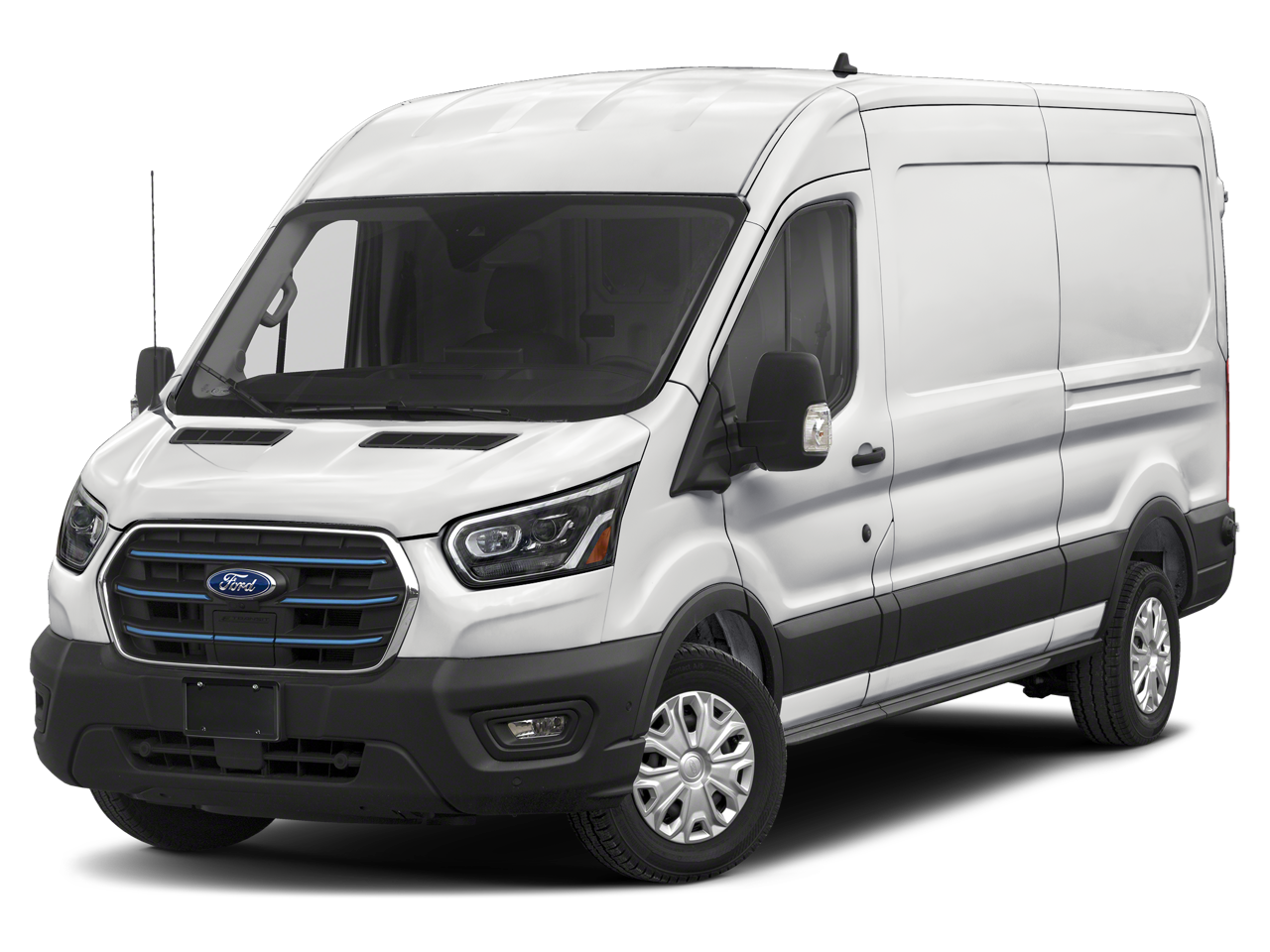2023 Ford E-Transit Cargo Van Base in Oxford White — front three-quarter view